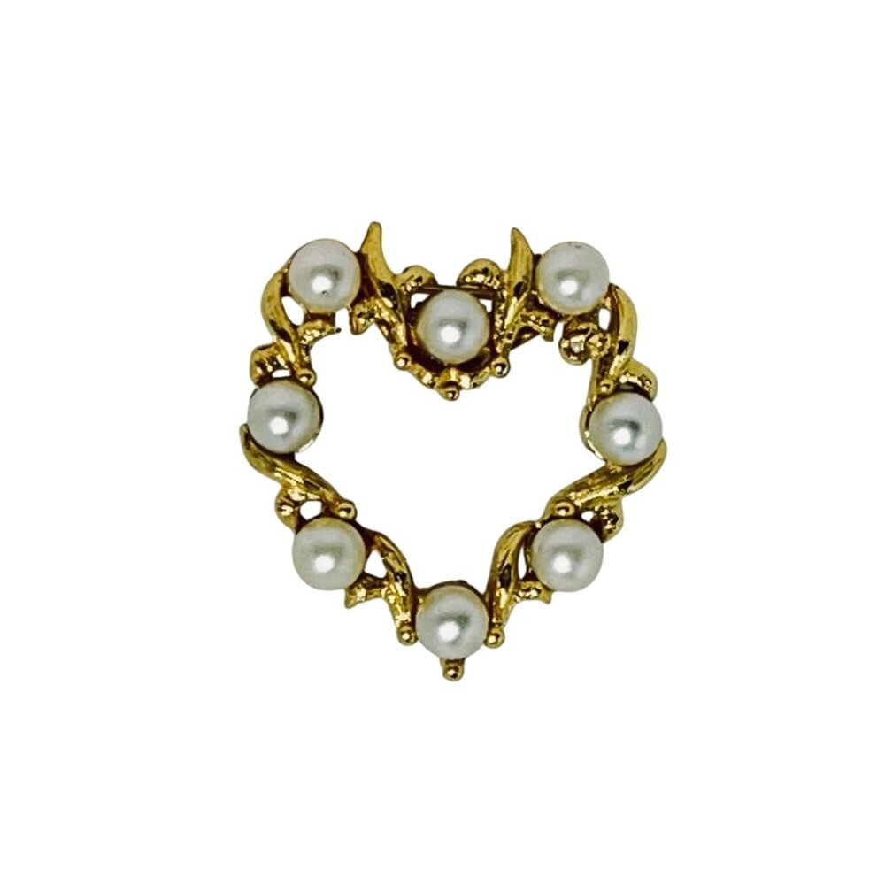 Vintage Gold Tone And Faux Pearl Open Heart Brooch (5754)